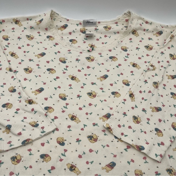 Vintage Disney Winnie the Pooh Floral Top Cotton Henley Pajama Shirt Women’s XL - Picture 6 of 15